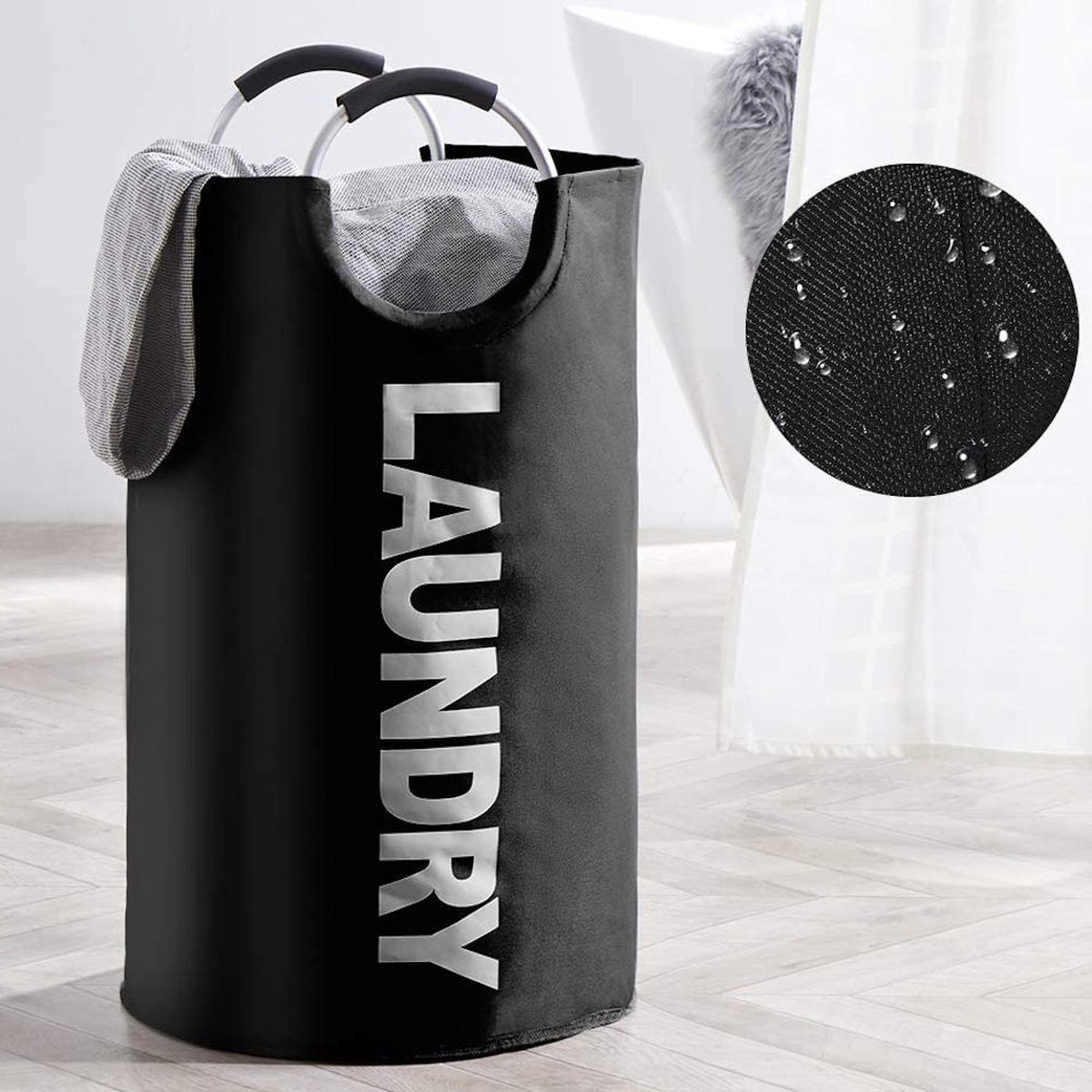 Goedkoopste Wasmand - Inhoud 81 Liter - Tekst Laundry - Opvouwbaar met Handvat - Grote Wasmand - Kleur Zwart