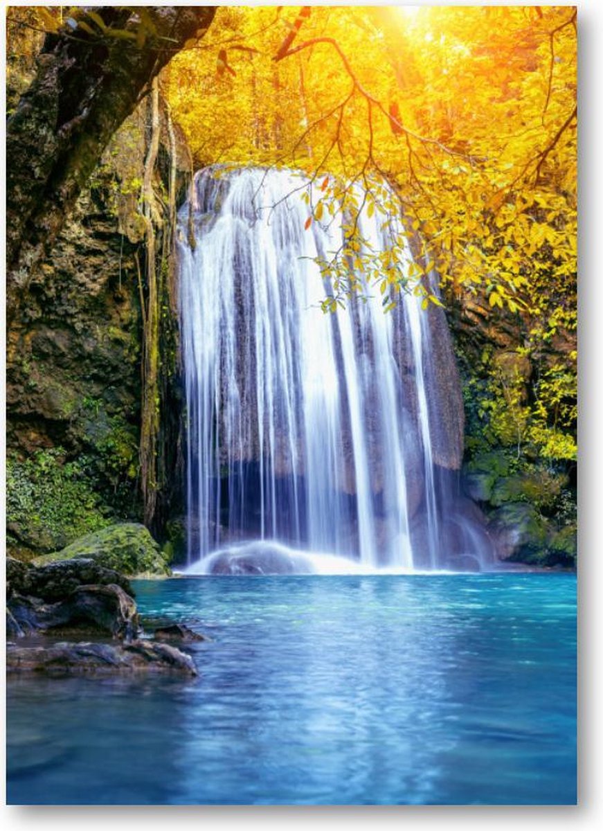 Oase aan waterval - Erawan waterval in de herfst, Thailand - 50x70 Dibond voor Binnen én Buiten - Landschap - Natuur