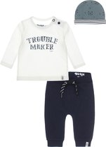 Dirkje Bio Basic SET(3delig) Blauwe broek, Shirt wit met tekst en mutsje - Maat 50