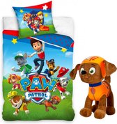 Paw Patrol Dekbedovertrek- 1 persoons 140x200cm- kussen 60x70cm- 100%katoen, incl. pluche pop Zuma 27 cm