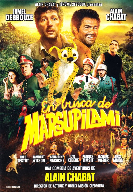 Filmcover "Sur la piste du Marsupilami" met hoofdrolspelers en de Marsupilami.