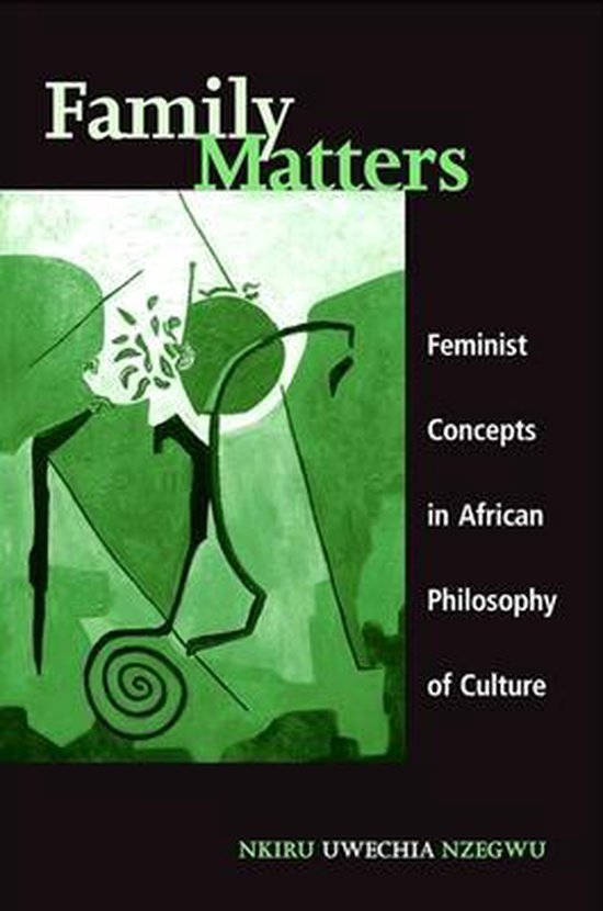 Livre "Family Matters" avec des concepts féministes dans la philosophie de la culture africaine. Illustration abstraite verte.