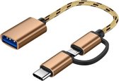 USB 3.0 Vrouwtje naar Micro USB + USB-C / Type-C Mannelijk Opladen + Transmissie OTG Nylon Gevlochten Adapterkabel, Kabellengte: 17cm (Goud)