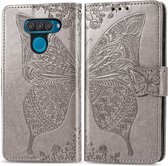 Butterfly Love Flowers reliÃ«f horizontale flip lederen case voor LG Q60, met houder & kaartsleuven & portemonnee & lanyard (grijs)