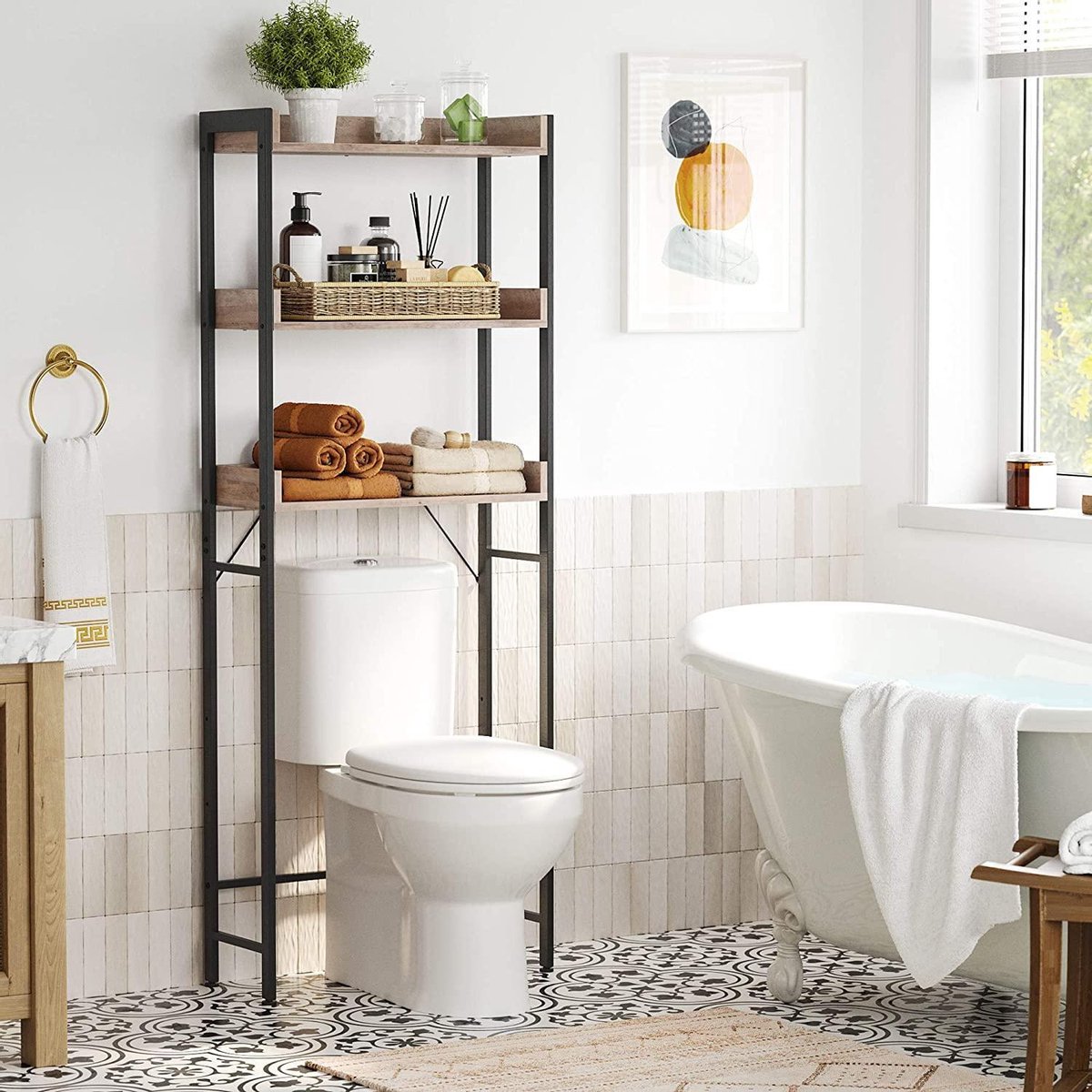 Toiletrek, badkamerrek, wasmachinerek, badkamerrek met 3 open planken, ruimtebesparend, eenvoudige montage, industrieel design, grijs-zwart BTS002B02