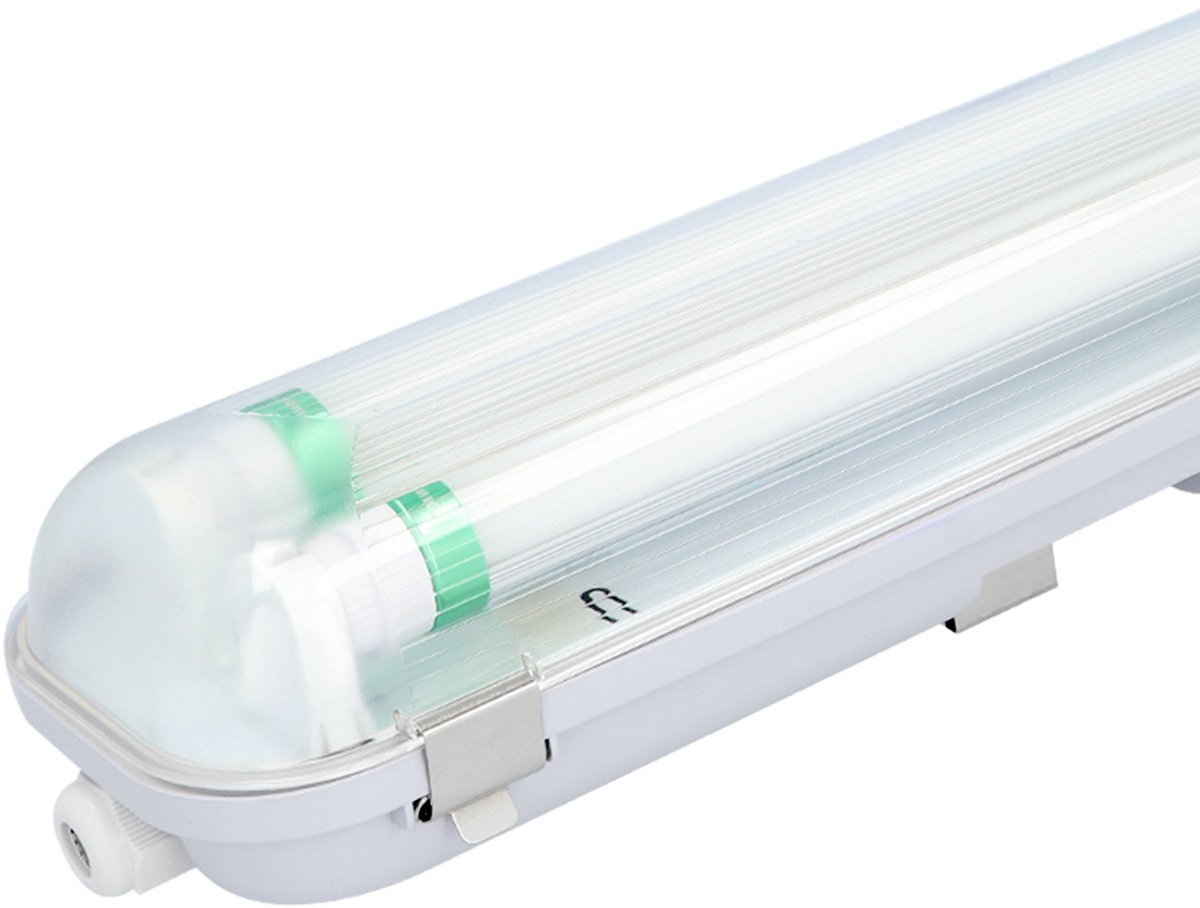 HOFTRONIC LED TL armatuur 60cm - LED - Dubbelvoudig - Waterdicht - Flikkervrij - Koppelbaar - 18 Watt - 2880 lumen - 160 lm/W - 230V - 3000K Warm wit - TL armatuur voor werkplaatsen, garages, bedrijfshallen en magazijnen Transparant