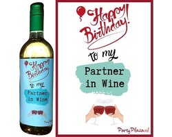 Wijnetiket Verjaardag - Wijn Cadeau - Etiket voor wijnfles - Happy Birthday to my Partner in Wine