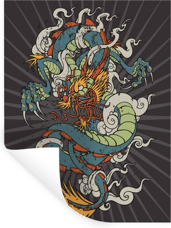 Muurstickers - Sticker Folie - Illustratie van een draak op een donkere achtergrond - 120x160 cm - Plakfolie - Muurstickers Kinderkamer - Zelfklevend Behang XXL - Zelfklevend behangpapier - Stickerfolie