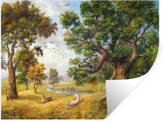 Foto: Muurstickers sticker folie olieverf schilderij van een eenhoorn naast een rivier 40x30 cm plakfolie muurstickers kinderkamer zelfklevend behang zelfklevend behangpapier stickerfolie
