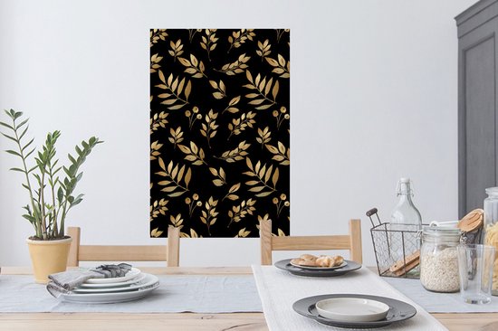 Sticker Muursticker Feuilles dorées/roses - Motif de branches avec feuilles et baies dorées sur fond noir - 60x90 cm - Film adhésif autocollant - Sticker mural repositionnable