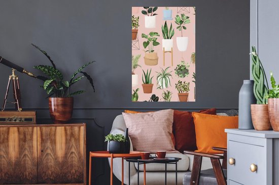 Sticker Muursticker Plantes - Illustration de différentes plantes sur fond rose - 60x90 cm - Film adhésif autocollant - Sticker mural repositionnable