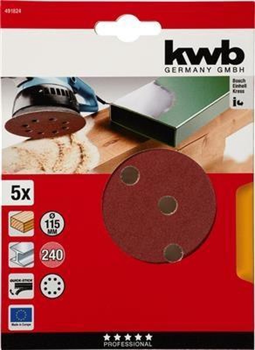 KWB schuurschijf Ø 115 mm - Korrel 240 - Klittenbandhechting - 491824 - 5 stuks