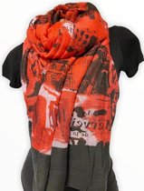 Lange Dunne Dames Sjaal - Rood - Zwart - Wit - Paris - Met Print - 190 x 110 cm