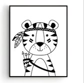 Poster Indianen Tijger Zwart/Wit - Kinderkamer - Dierenposter - Babykamer / Kinderposter - Babyshower Cadeau - Muurdecoratie - 70x50cm - Postercity