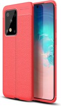 Samsung S20 Ultra Hoesje Shock Proof Siliconen Hoes Case | Back Cover TPU met Leren Textuur - Rood