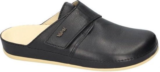 Zwarte leren Vital slipper met klittenbandsluiting en een crèmekleurige zool.