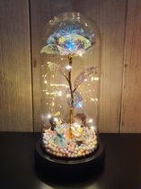 Gouden Roos in Glazen Stolp met LED verlichting - Decoratie - Sfeervol - Uniek Kado - Cadeau - Geschenk - Valentijn, Liefde, Trouw, Bruiloft, Romantisch - Golden Rose in glass dome with LED -