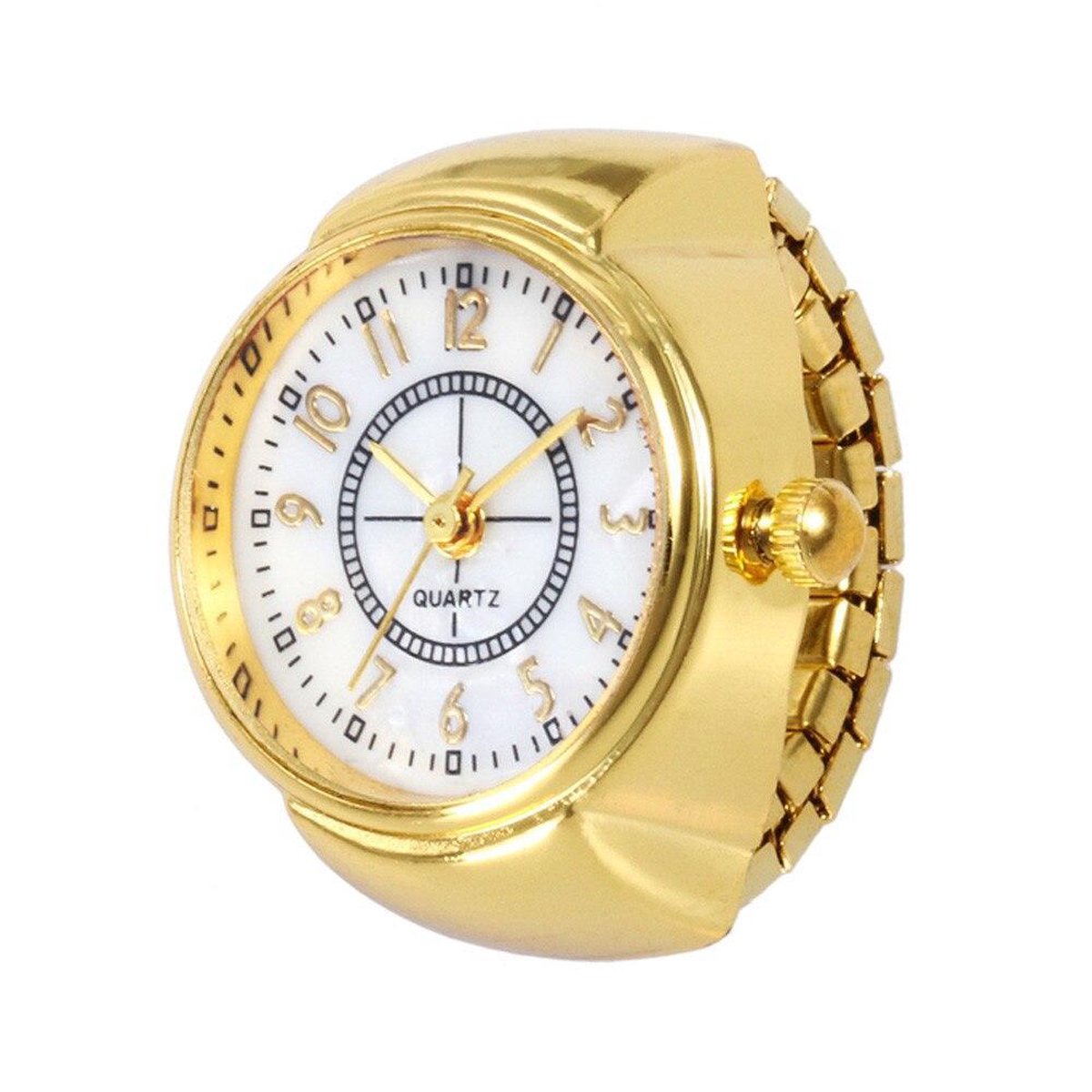 Goudkleurige Ringhorloge – Universele maat – witte wijzerplaat met gouden wijzers. Diameter 20mm – 3 ATM spatwaterdicht