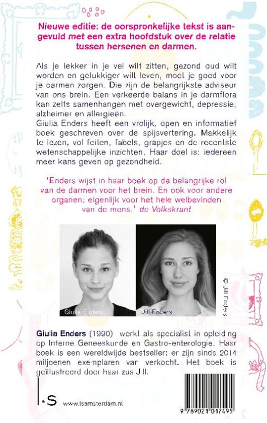 Couverture de livre avec portraits de Giulia Enders et Jill Enders. Texte en néerlandais.