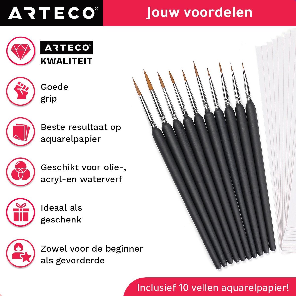 ARTECO® 10 Fijne Penselen Incl. Aquarelpapier - Penselenset - Penselen - Kwasten – Kalligrafie, Schilderen op Nummer, Miniatuur — afbeelding 9