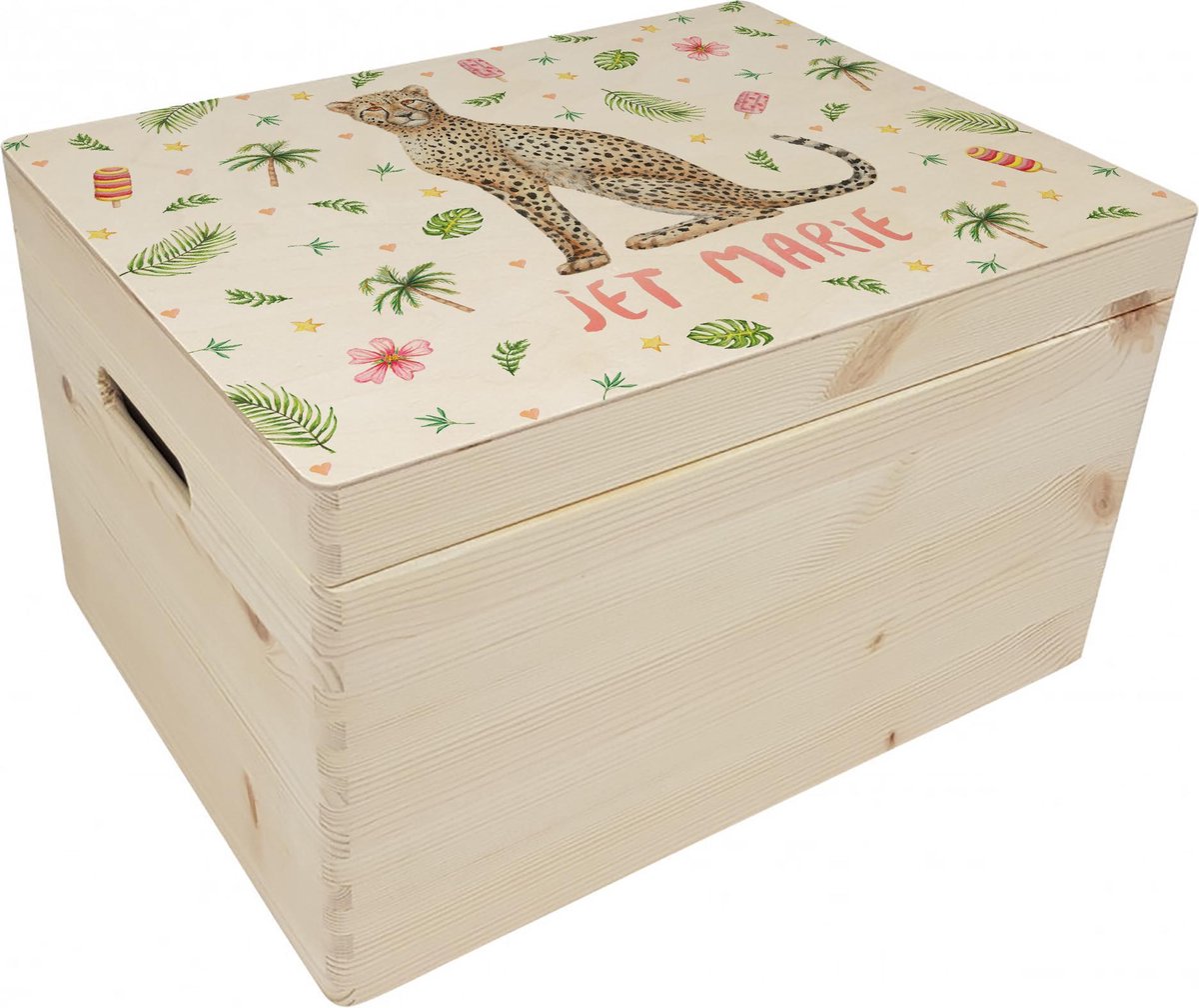 World of Mies memorybox cheetah met naam - Houten herinneringskist 30 x 40 x 23 cm - met handvaten - hoogwaardige kleurenprint in het hout - handgeschilderd design door Mies