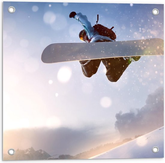 Tuinposter – Achteraanzicht van Snowboarder - 50x50cm Foto op Tuinposter  (wanddecoratie voor buiten en binnen)
