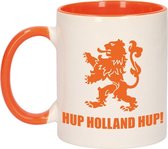 Hup Holland hup met leeuw beker / mok wit en oranje - 300 ml - oranje supporter / fan