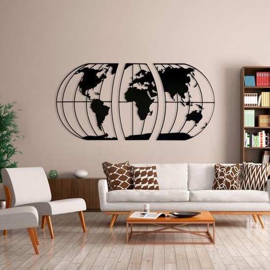 Drank roddel Benadering Wereldkaart metaal | Earth - 3 Delen |Wereldkaart wanddecoratie mat zwart |  120 x 60... | bol.com
