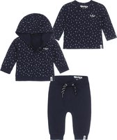 Dirkje Bio Basic SET(3delig) Blauwe broek, Vest en Shirt met dezelfde print - Maat 62