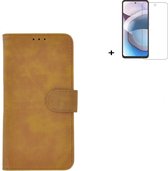 Hoesje Motorola Moto G50 - Screenprotector Motorola Moto G50 - Bookcase Wallet Bruin Cover + Tempered Glass