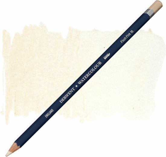 Donkerblauw Derwent Watercolour potlood, met tekst 'Flesh Pink 16', met een zachtroze aquarel veeg erachter.