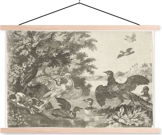 Posterhanger incl. Poster - Schoolplaat - Watervogels en een hond - Schilderij van Melchior d'Hondecoeter - 150x100 cm - Blanke latten