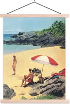 Posterhanger incl. Poster 60x80 cm - Schoolplaat - Vintage illustratie van een strandvakantie - Textielposter - Blanke latten
