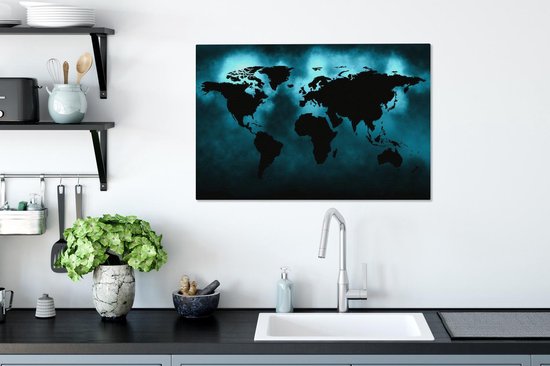 Carte du monde noire sur fond sombre aux couleurs bleues 90x60 cm