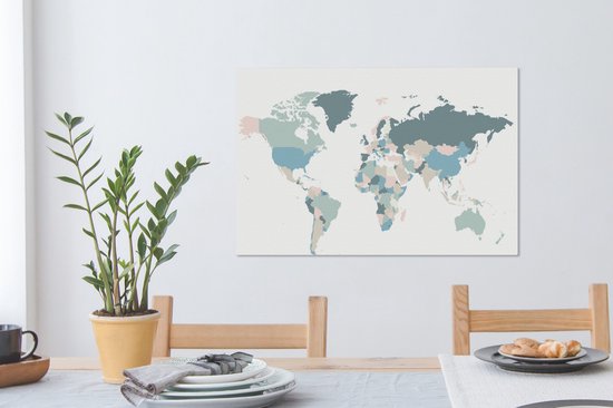 Wereldkaart avec des pays de différentes couleurs pastel sur fond blanc 90x60 cm