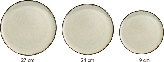 Drie ronde beige aardewerken borden met donkere randen, afmetingen 27 cm, 24 cm, 19 cm.