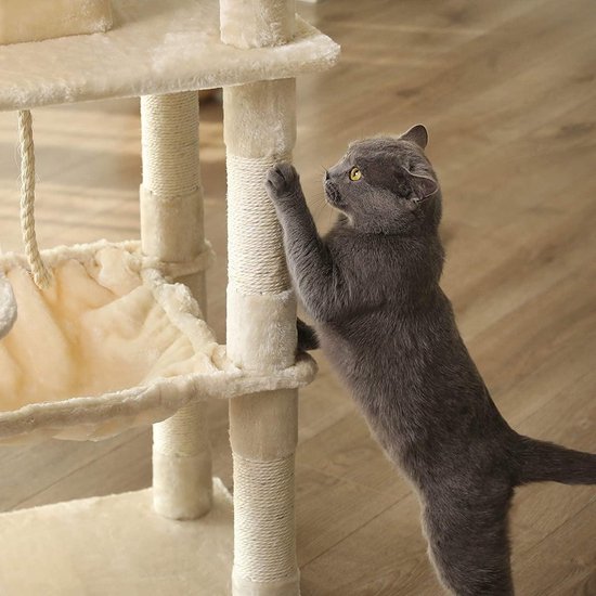 Grijze kat krabt aan een beige krabpaal met hangmat en plateau.