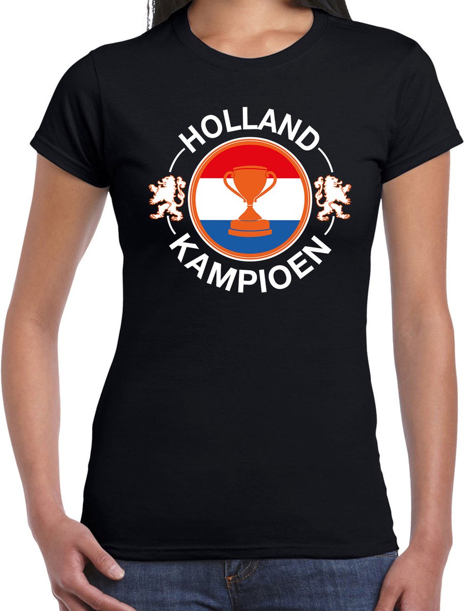 Afbeelding van product Bellatio Decorations  Zwart fan t-shirt voor dames - Holland kampioen met beker - Holland / Nederland supporter - EK/ WK shirt / outfit L  - maat L