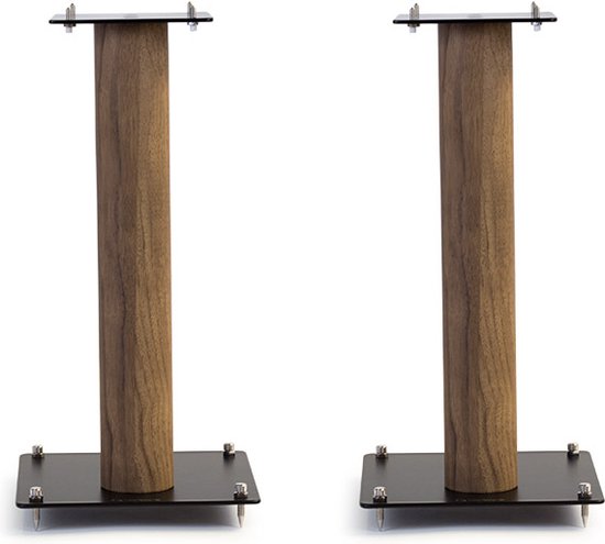 Twee houten luidsprekerstandaarden met zwarte metalen voetplaten en topbladen.