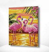 Painting Expert® Schilderen op nummer Volwassenen - Schilderen op nummer Kinderen - Flamingo's met Zonsondergang - 40x50cm - Exclusief Lijst (24 kleurtjes)