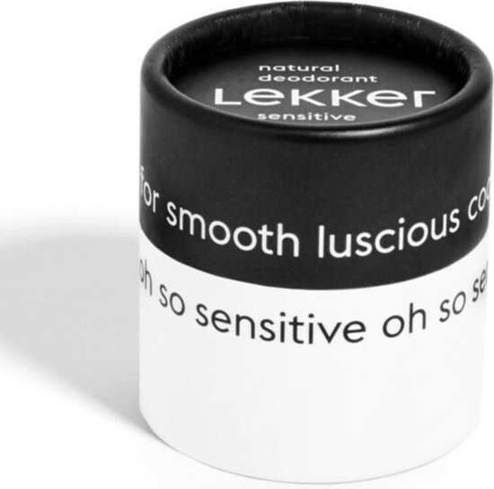 Zwarte en witte ronde verpakking voor "the Lekker company" natuurlijke deodorant, sensitief.