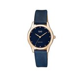 Prachtig rose kleurig dames horloge met donkerblauwe lederen band model qz51j102y 3 atm waterdicht