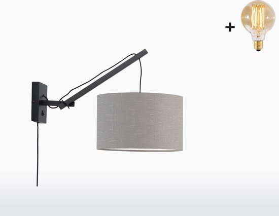Wandlamp met Korte Arm - ANDES - Zwart Bamboe - Lichtgrijs Linnen - Met LED-lamp