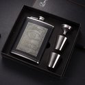 gebaseerd op Jack Daniels Whiskey Zilver RVS Heupfles Gift Set - Platvink - Zakflacon - Zakfles - Drankfles - Drankflacon Heupflesje - Incl. Trechter en Bekertjes Image