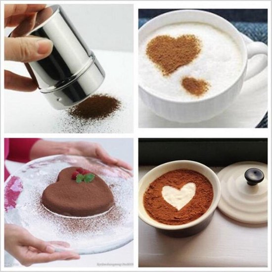 Collage van vier beelden: een hand die een cacaostrooier gebruikt, koffie met hartvormige cacao, een chocoladetaart en een schaal met cacao.