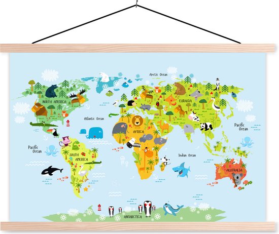 Carte du monde pour enfants école affiche animaux pépinière lattes plates 90x60 cm - Affiche textile