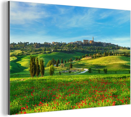 Un champ de fleurs rouges dans la Toscane italienne Aluminium 90x60 cm - Tirage photo sur aluminium (décoration murale en métal)
