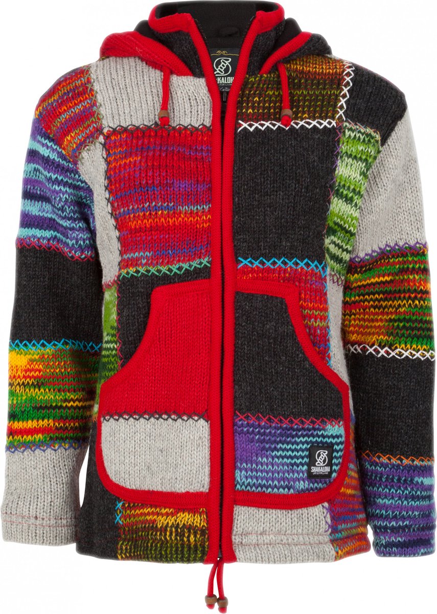 Gebreid Wollen Dames Vest van Schapenwol met Polyester Fleece voering en vaste capuchon met binnenkraag SHAKALOHA W Patch NH Multi Multicolor