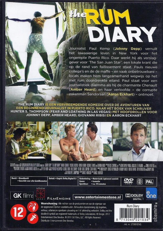 Filmcover "The Rum Diary" met Johnny Depp op de voorkant, en achterkant met filmdetails en acteurs.