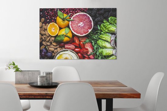 Divers fruits étalés sur une toile de table 2cm 60x40 cm - Tirage photo sur toile (Décoration murale salon / chambre)